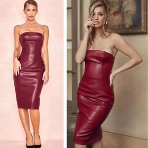 NWT House of CB Saskia Faux Leather Structured Midi Bodycon Dress Wine Red